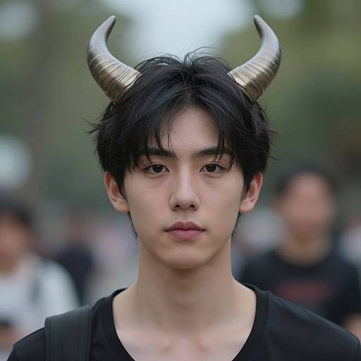 Photograph of an Asian young man with black hair, wearing large metallic horns, black shirt, and neutral expression, blurred outdoor background.