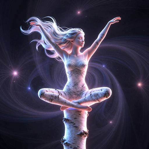 Digital art of a glowing, white-haired woman in a lotus pose on a birch tree, illuminated by ethereal blue and pink lights against a