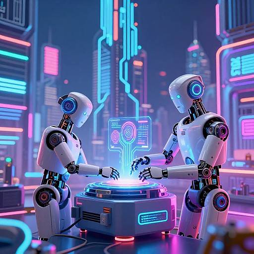 CGI image of two white robotic humans in a neon-lit cyberpunk city, interacting with a glowing holographic interface on a futuristic console.