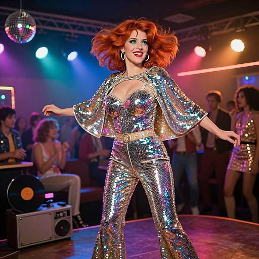 Photograph of a red-haired woman in sparkling silver sequin outfit, performing on stage with colorful lights, disco ball, and audience.