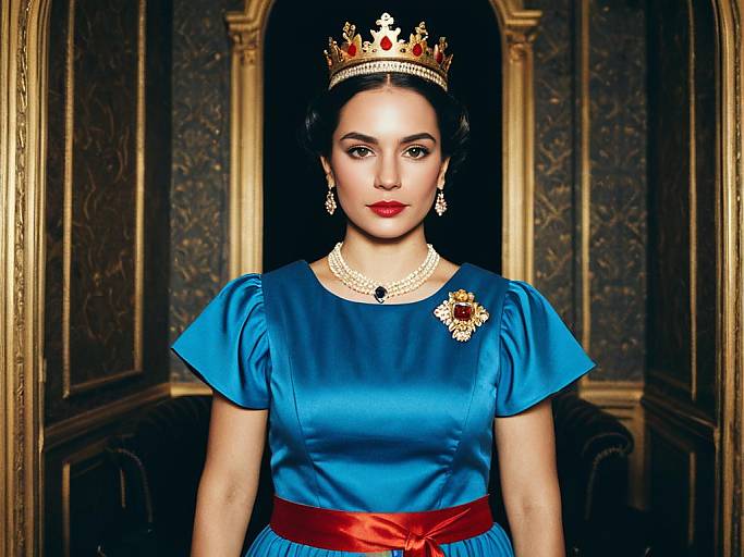 Digital portrait of a fair-skinned woman with red lipstick, wearing a blue dress, red sash, gold crown, and pearl necklace, set against