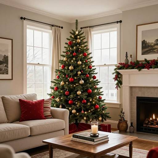 Cozy Christmas living room: decorated tree with red and gold ornaments, beige sofa, white fireplace, candles, and framed art. Bright windows. Phot