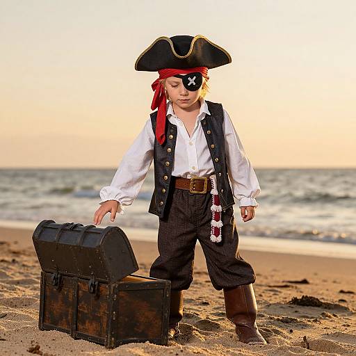 Photograph of a young boy in a pirate costume with eye patch, tricorn hat, white shirt, and black pants, opening a treasure chest on