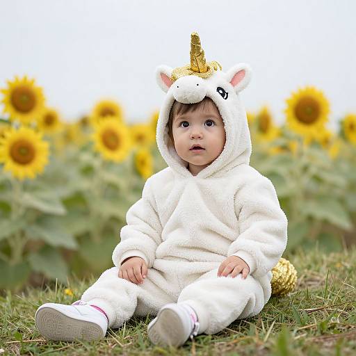 Toddler in Unicorn Costume Sitting in Sunflower Field