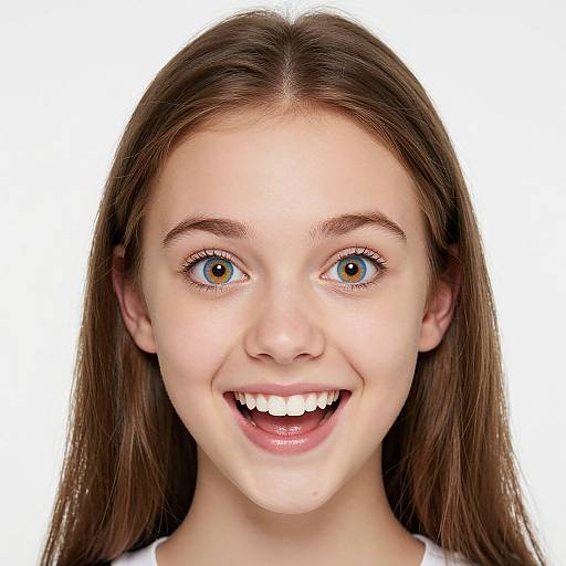 Photograph of a young woman with fair skin, brown eyes, and long brown hair, smiling widely with white teeth, against a white background.