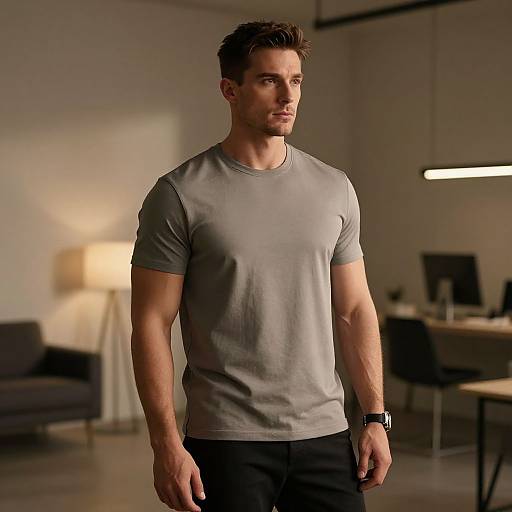 Photograph of a muscular, handsome man with short brown hair, wearing a fitted gray t-shirt and black pants, standing in a modern, dimly