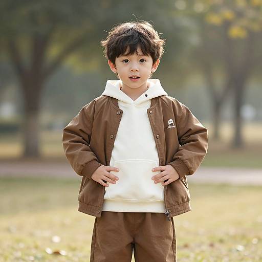 Photograph of a young Asian boy with dark hair, wearing a brown jacket, white hoodie, and brown pants, standing in a sunlit park with