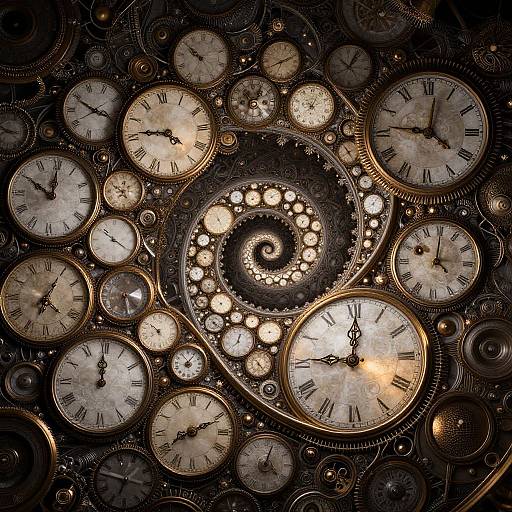 Photograph of a vintage, steampunk-style clock face collage with numerous antique clocks in various sizes, forming a spiral pattern. The clocks have white