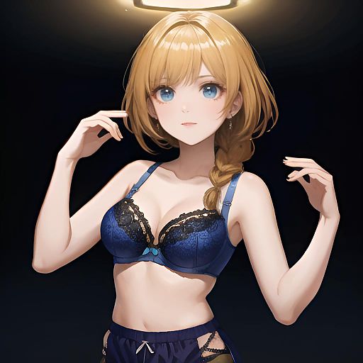 CGI 3D animation of a young woman with blue braided hair, wearing blue lace lingerie, standing in a softly lit bedroom.