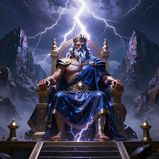 Digital art of a muscular, bearded Zeus-like god with a crown, sitting on an ornate throne, surrounded by lightning, mountains, and dark