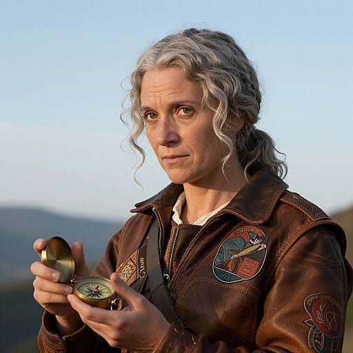 Photograph of a middle-aged woman with wavy gray hair, wearing a brown leather jacket with colorful embroidery, holding a brass compass against a blurred mountain