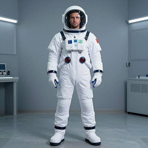 Photograph of a serious man in a white astronaut suit with a clear helmet, standing in a sterile, gray-walled room.