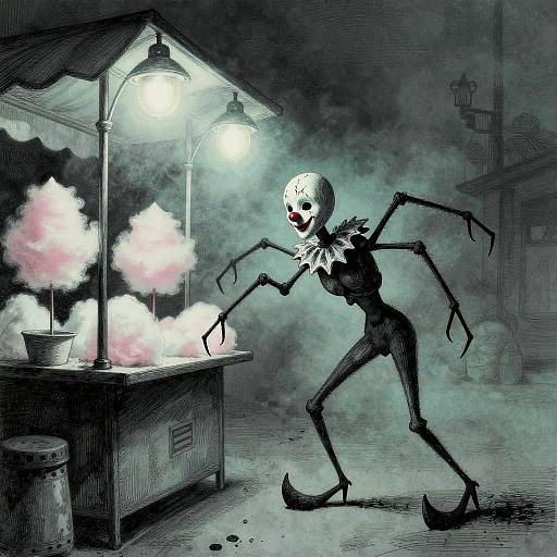 Digital artwork: Dark, eerie night scene featuring a skeletal spider-like creature with long limbs, white skull, and red eyes, leaning over a lit street
