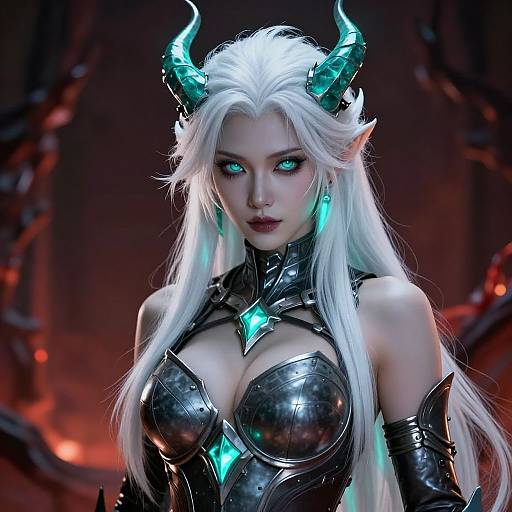 Digital artwork of a beautiful, white-haired demon woman with glowing blue eyes, black armor, and green crystal accents, featuring sharp horns and pointed ears,