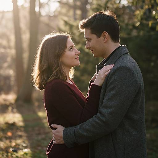 Photograph of a smiling couple in a forest, sunlight filtering through trees; woman in burgundy sweater, man in gray coat, embracing.