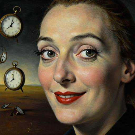 Digital painting of a smiling woman with red lipstick, green eyes, and freckled face, surrounded by floating clocks against a dark, abstract background.