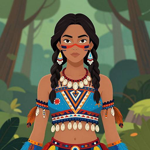 Digital illustration of a Native American woman with dark skin, black braids, red face paint, and colorful traditional tribal attire, standing in a lush forest