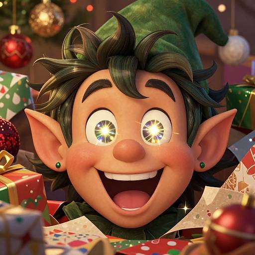 CGI image of a cheerful, wide-eyed, green-hatted elf with black hair and large ears, surrounded by colorful Christmas presents and ornaments.