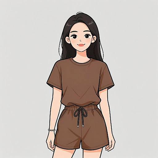 Digital anime-style drawing of a young Asian woman with long black hair, wearing a brown T-shirt and matching shorts with a black tie. White background,