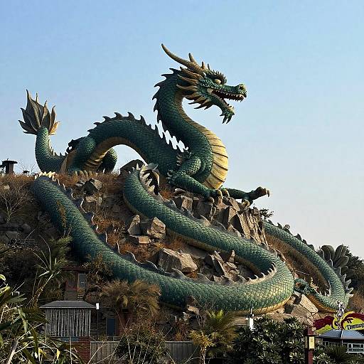 Photograph of a large, green, dragon statue with yellow underbelly, coiled atop a rocky hill, against a clear blue sky.