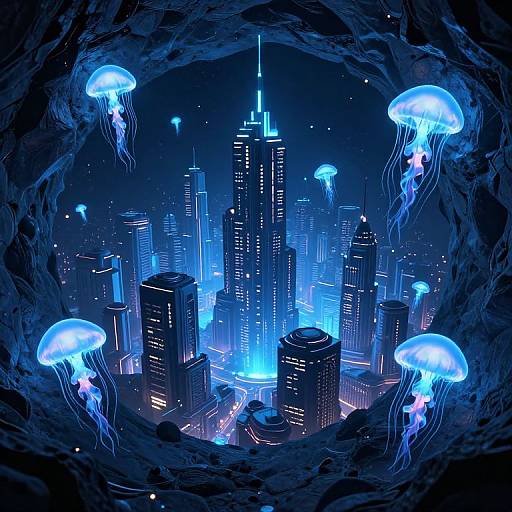 Digital artwork of a futuristic cityscape at night, viewed from a dark cave. Glowing blue skyscrapers surround bioluminescent jellyfish.