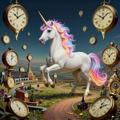 Digital artwork of a glowing white unicorn with a rainbow mane, mid-leap, surrounded by floating vintage clocks against a whimsical, clock-themed village landscape