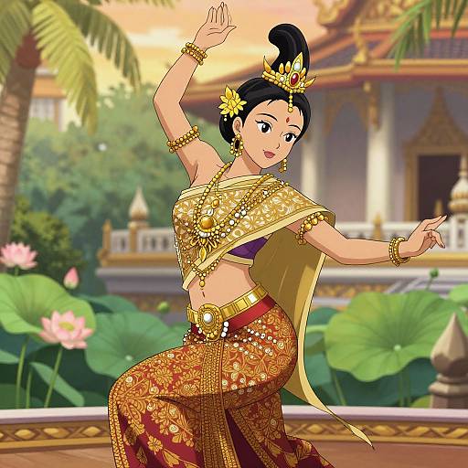 Digital illustration of a smiling Asian woman dancing in traditional gold and red ornate attire with jewelry, against a tropical palace background.