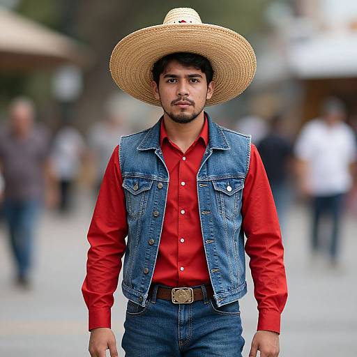 Photograph of a young Latino man with dark hair, mustache, wearing a large straw hat, red shirt, blue denim vest, and jeans,