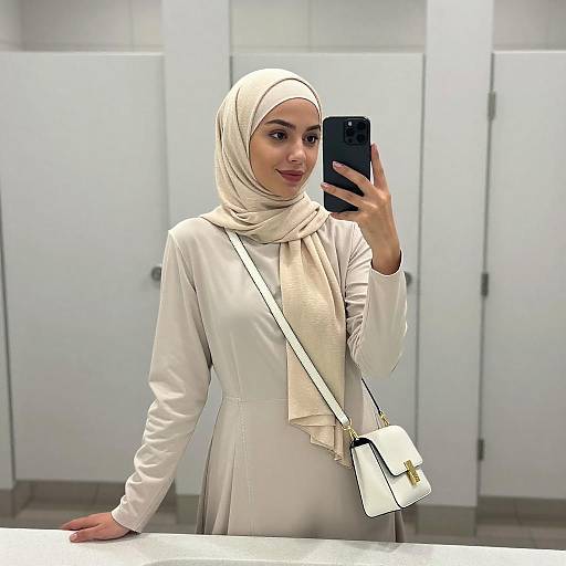 Young Woman Mirror Selfie in Beige