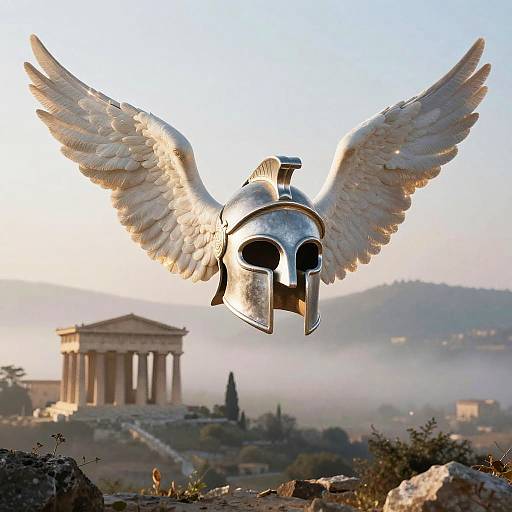 Hermes Winged Helmet Over Greek Temple