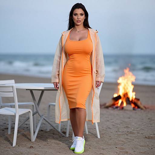 Photograph of a confident woman with long black hair, wearing an orange dress, beige coat, and white sneakers, walking on a beach with a fire