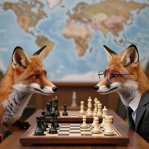 Photograph of two anthropomorphic foxes, one with glasses, facing each other over a chessboard, with a world map background.