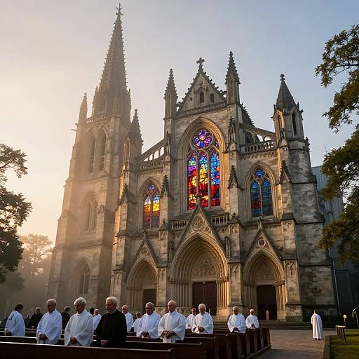 Photograph of a group of elderly men in white robes standing in front of a Gothic-style cathedral with colorful stained glass windows, bathed in warm sunset