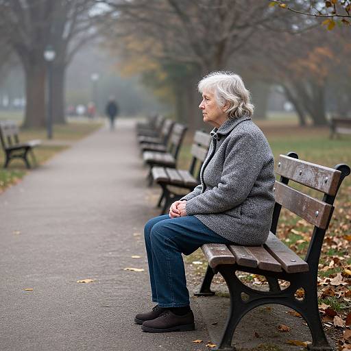 Photograph of an elderly woman with white hair, wearing a gray coat and blue jeans, sitting on a park bench, looking ahead along a misty