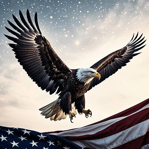 Majestic Bald Eagle Soaring Over American Flag