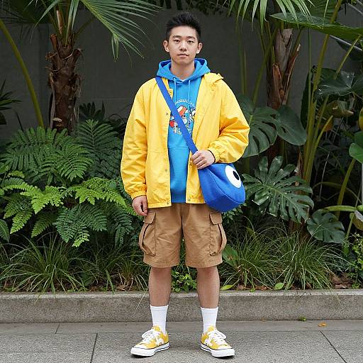 Young Asian man in bright yellow jacket, blue hoodie, tan cargo shorts, white socks, yellow sneakers, blue crossbody bag, standing in front of