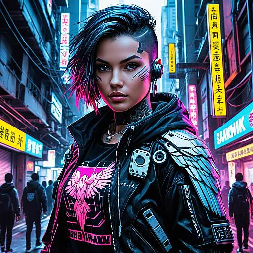 Bold Female Cyborg Hawk in Cyberpunk Streetwear