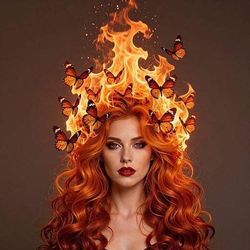 Photograph-style digital art of a red-haired woman with fiery hair, orange flames, and black-orange butterflies, against a dark background.