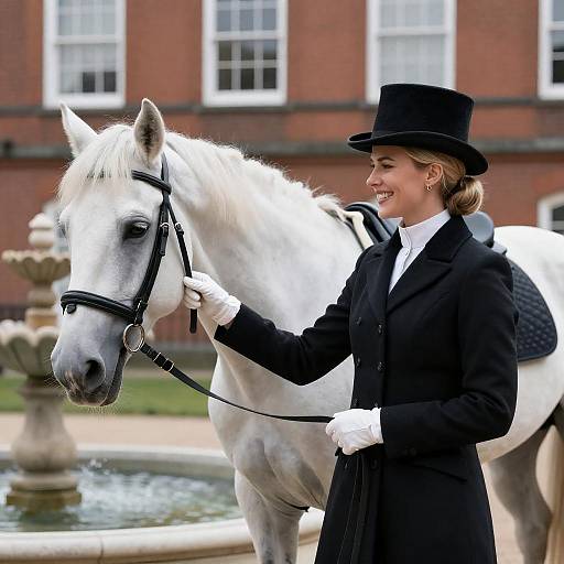 Elegant Woman and Horse by Fountain