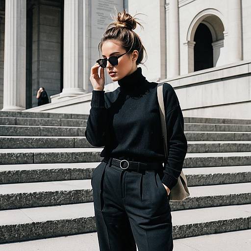 Fashionable woman adjusting sunglasses in urban setting