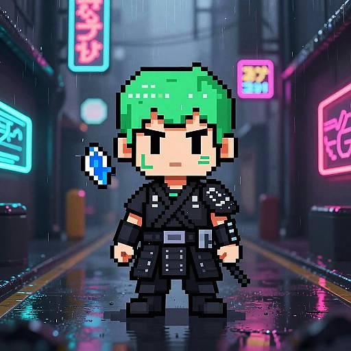 Pixel art of a green-haired, anime-style character in a black raincoat standing in a neon-lit, rainy street at night.