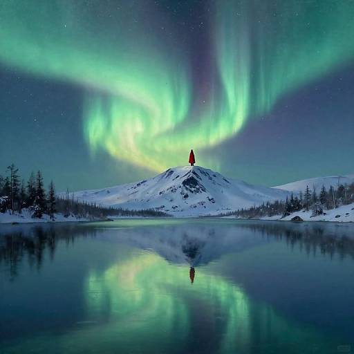 Photograph of a snow-covered mountain with a red cabin at its peak, reflecting on a calm lake, under vibrant green and purple Northern Lights.