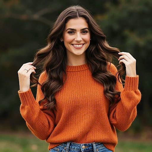 Photograph of a smiling young woman with long, wavy brown hair, wearing an orange knitted sweater and blue jeans, holding her hair with both