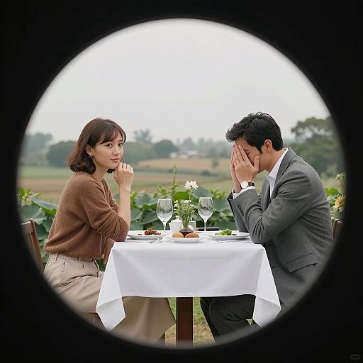 Couple Dining Outdoors Viewed Through Circular Frame