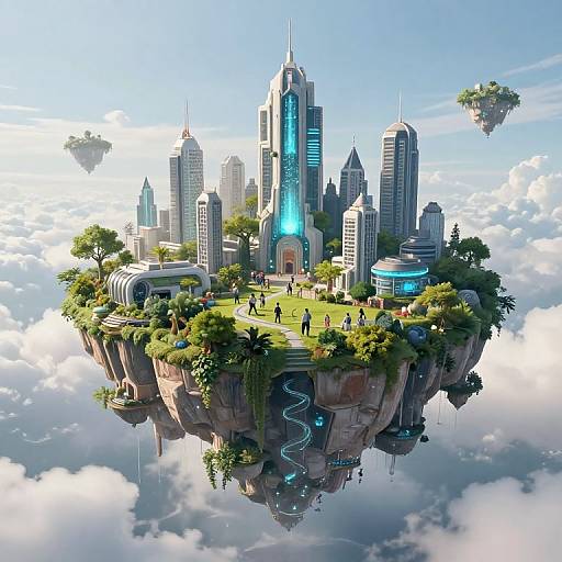 Digital art: Futuristic floating city with skyscrapers, greenery, and people, hovering above clouds; blue-lit central tower, smaller islands