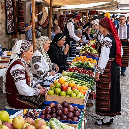 Photograph of a vibrant outdoor market: traditional dressed women in black and white embroidered clothing, selling colorful fruits and vegetables to customers under white canopies.