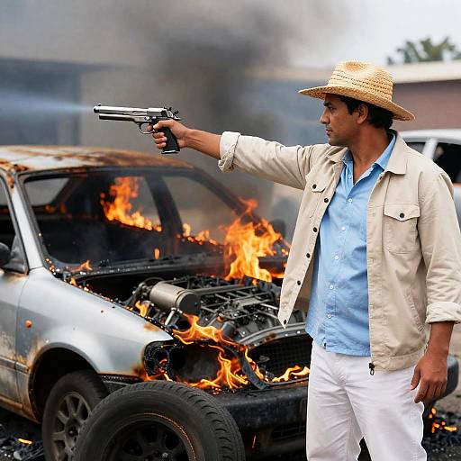 Man Shooting at Burning Car Wreckage