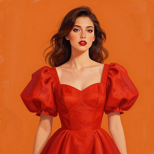 Digital painting of a beautiful woman with wavy brown hair, red puffed-sleeve dress, and bold red lipstick, against an orange background.