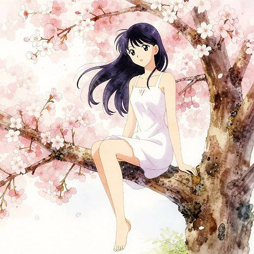Elegant Anime Girl on Cherry Blossom
