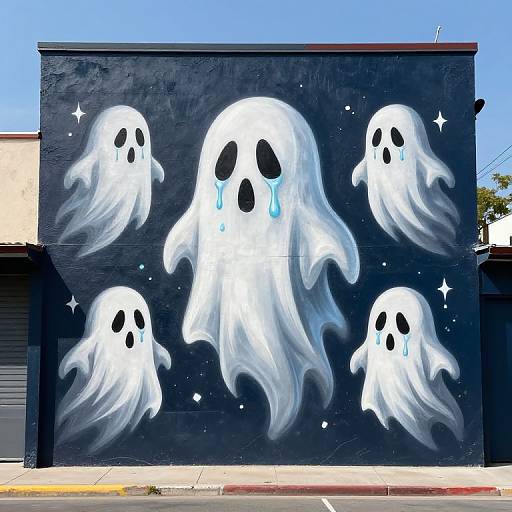 Photograph of a street mural featuring five white, ghostly figures with black eyes and blue tears, floating against a black starry background on a building